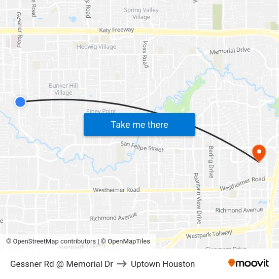 Gessner Rd @ Memorial Dr to Uptown Houston map