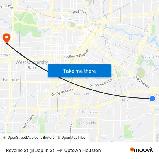 Reveille St @ Joplin St to Uptown Houston map