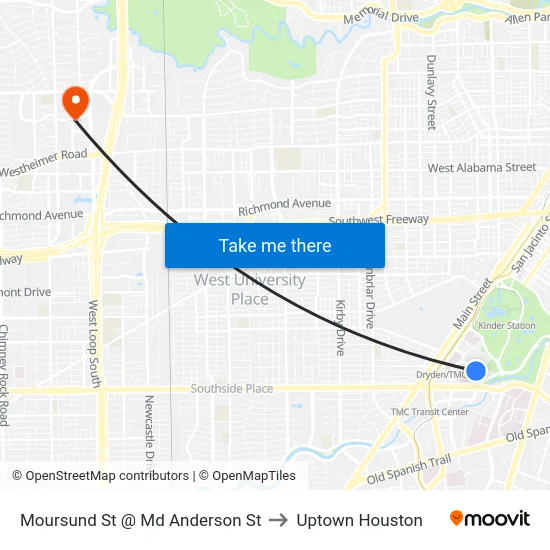 Moursund St @ Md Anderson St to Uptown Houston map