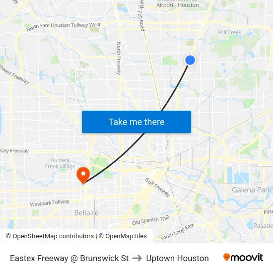 Eastex Freeway @ Brunswick St to Uptown Houston map