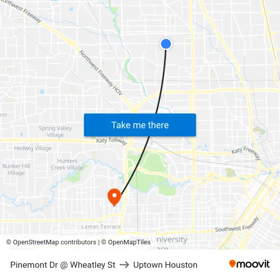 Pinemont Dr @ Wheatley St to Uptown Houston map