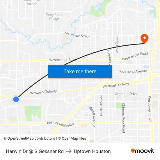 Harwin Dr @ S Gessner Rd to Uptown Houston map