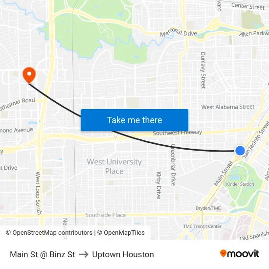 Main St @ Binz St to Uptown Houston map