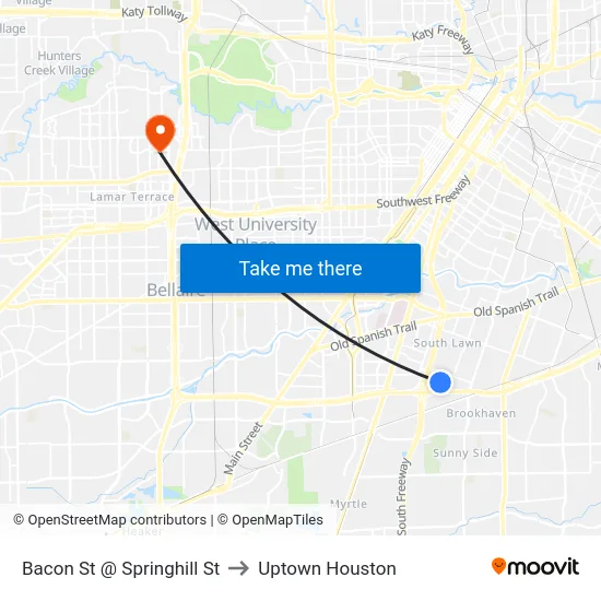 Bacon St @ Springhill St to Uptown Houston map