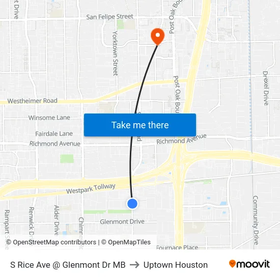S Rice Ave @ Glenmont Dr MB to Uptown Houston map