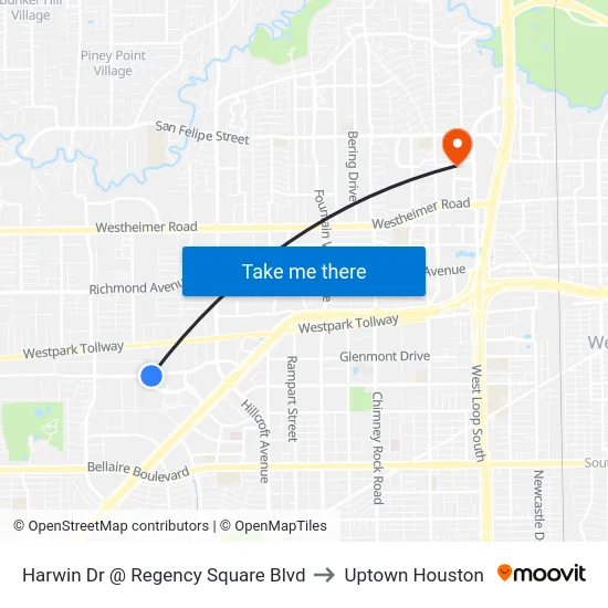 Harwin Dr @ Regency Square Blvd to Uptown Houston map
