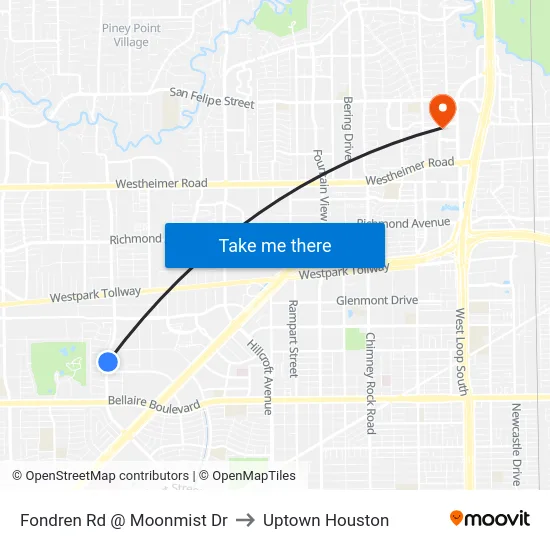 Fondren Rd @ Moonmist Dr to Uptown Houston map