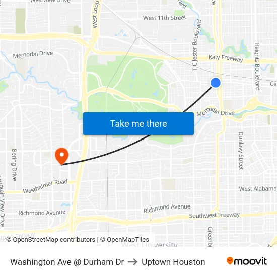 Washington Ave @ Durham Dr to Uptown Houston map