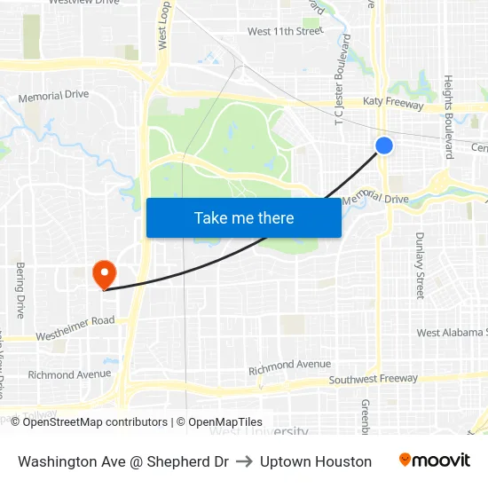 Washington Ave @ Shepherd Dr to Uptown Houston map