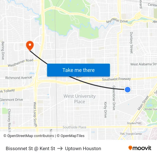 Bissonnet St @ Kent St to Uptown Houston map
