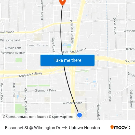 Bissonnet St @ Wilmington Dr to Uptown Houston map