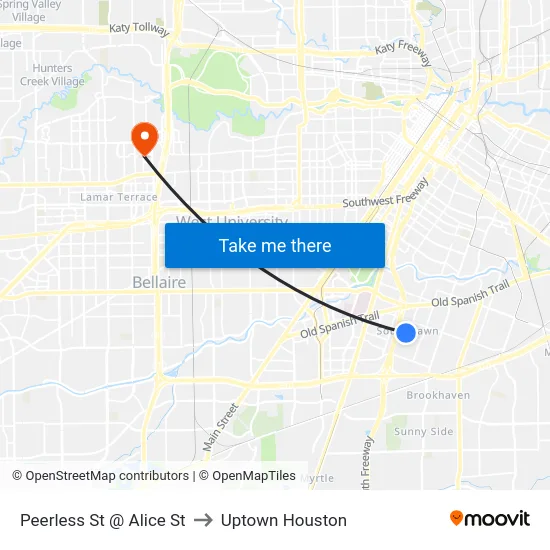 Peerless St @ Alice St to Uptown Houston map