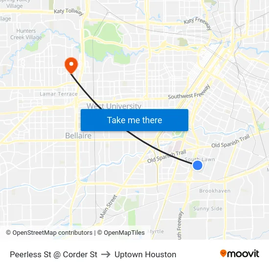 Peerless St @ Corder St to Uptown Houston map