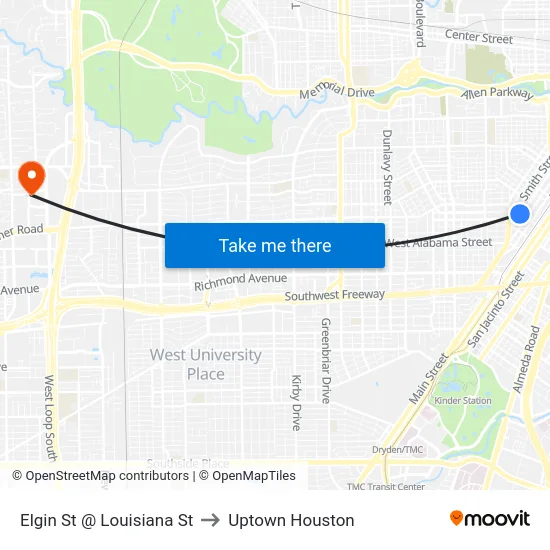 Elgin St @ Smith St to Uptown Houston map