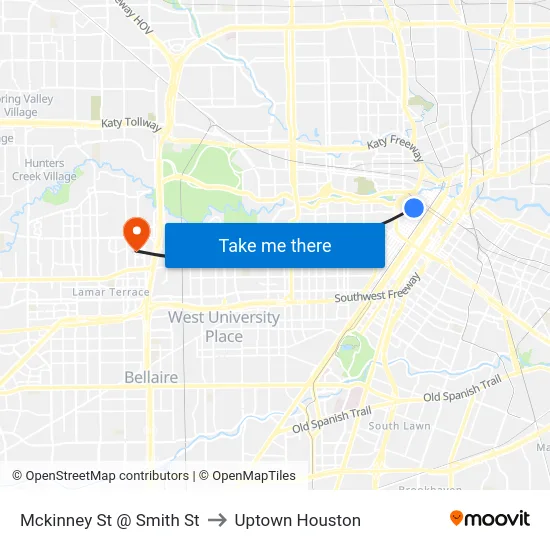 Mckinney St @ Smith St to Uptown Houston map