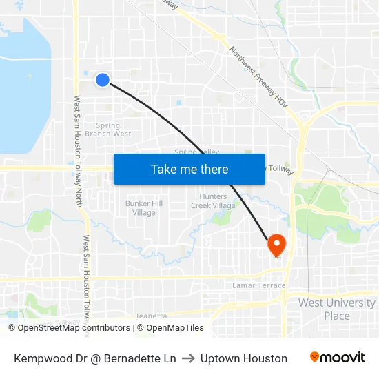 Kempwood Dr @ Bernadette Ln to Uptown Houston map