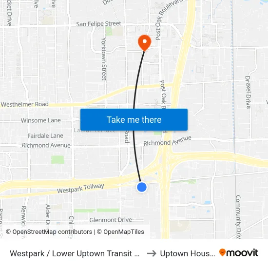 Westpark / Lower Uptown Transit Center to Uptown Houston map