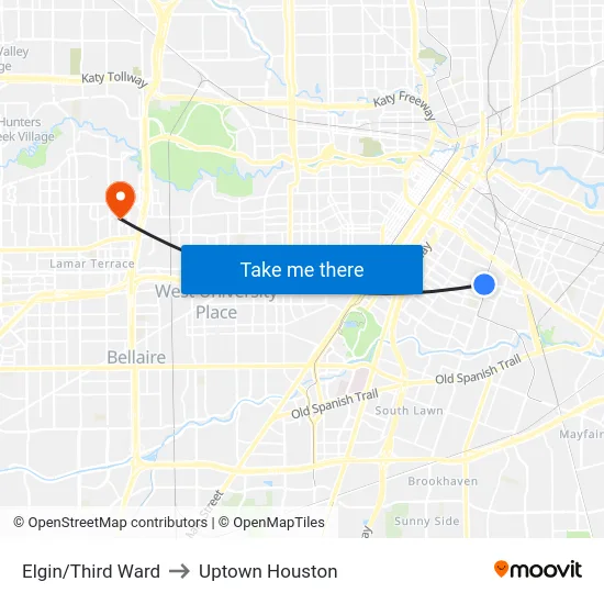 Elgin/Third Ward to Uptown Houston map