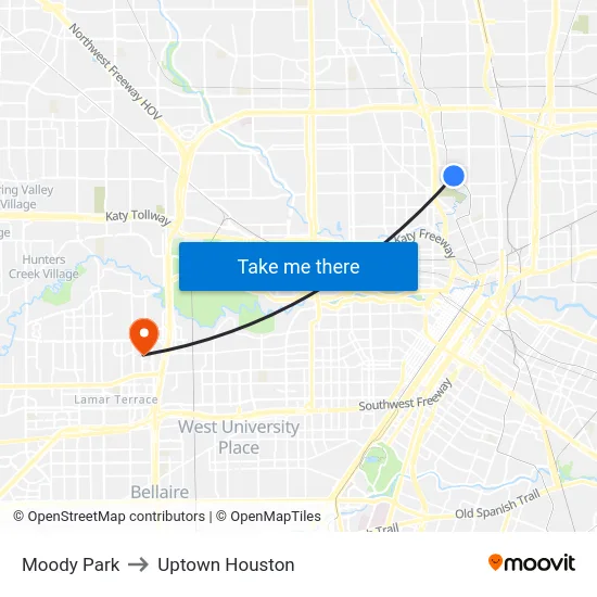 Moody Park to Uptown Houston map