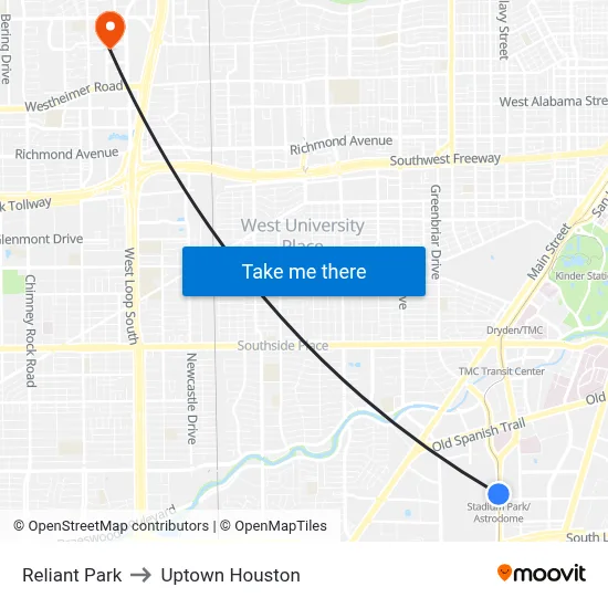 Reliant Park to Uptown Houston map