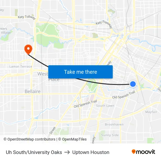 Uh South/University Oaks to Uptown Houston map