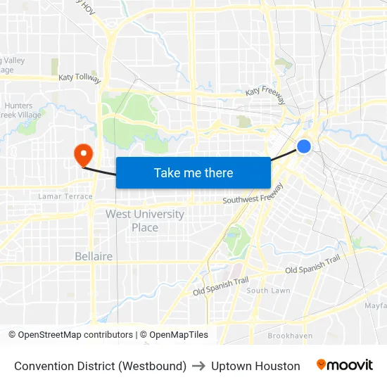Convention District (Westbound) to Uptown Houston map