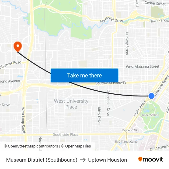 Museum District (Southbound) to Uptown Houston map