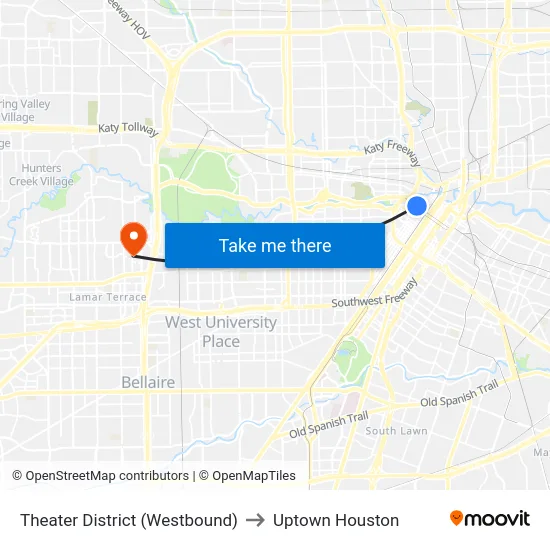 Theater District (Westbound) to Uptown Houston map