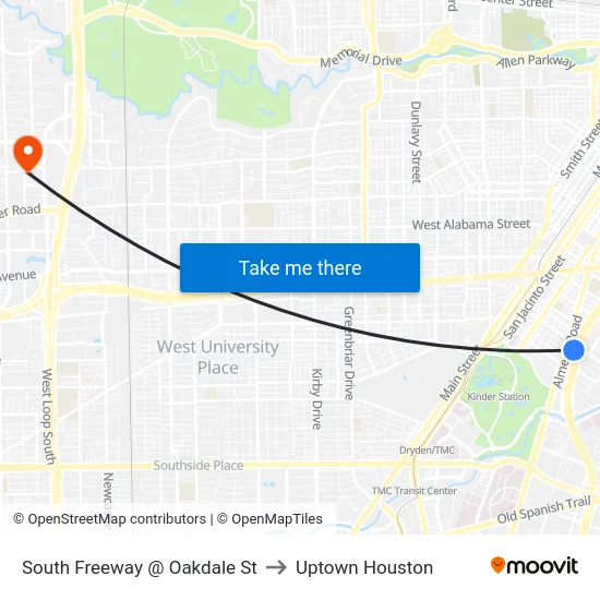 South Freeway @ Oakdale St to Uptown Houston map