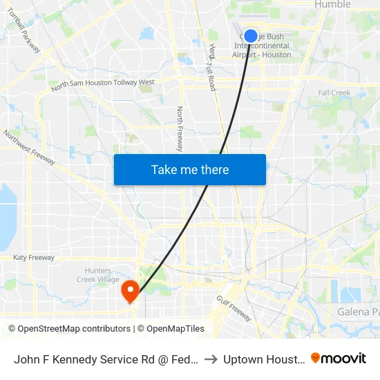 John F Kennedy Service Rd @ Fed Ex* to Uptown Houston map