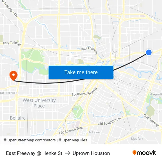 East Freeway @ Henke St to Uptown Houston map