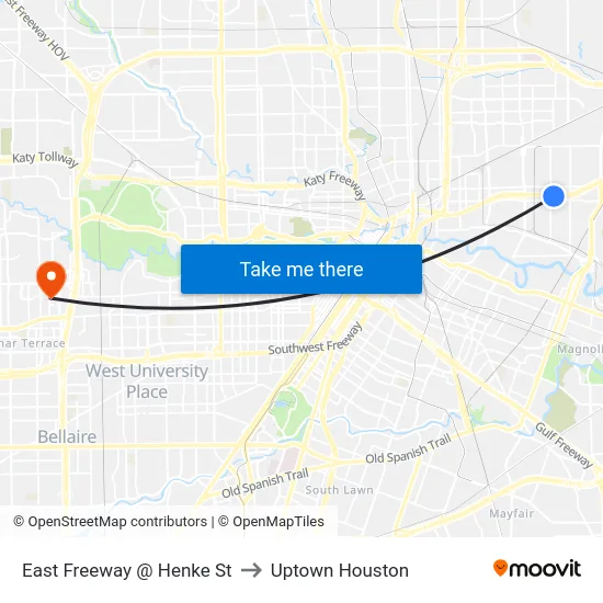 East Freeway @ Henke St to Uptown Houston map