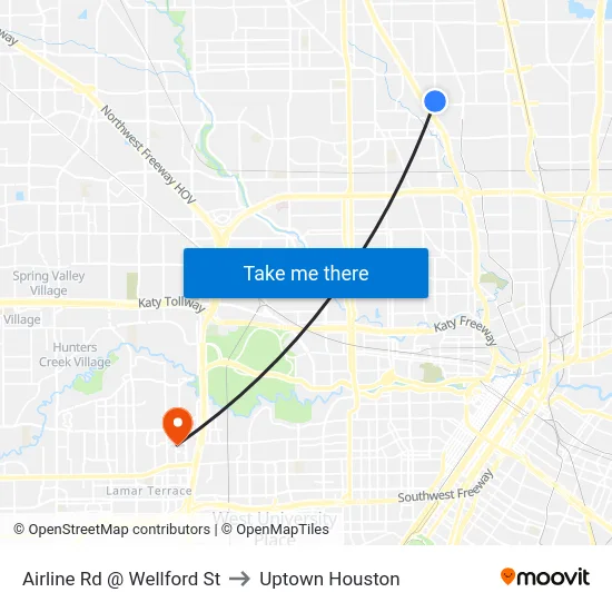 Airline Rd @ Wellford St to Uptown Houston map