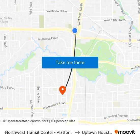 Northwest Transit Center - Platform 1 to Uptown Houston map