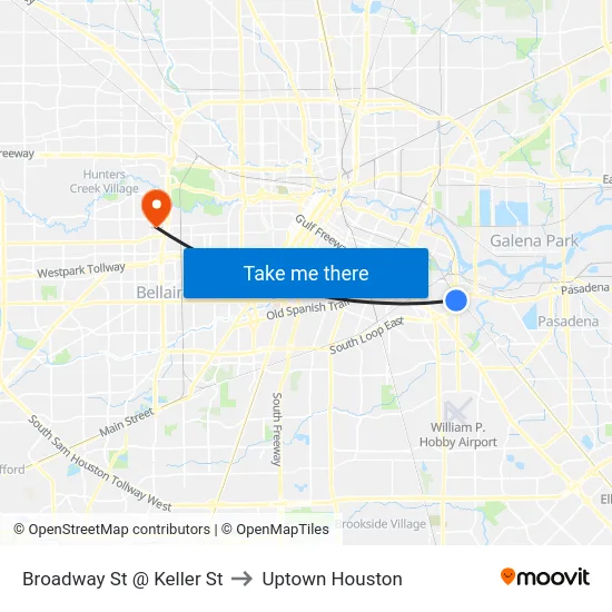 Broadway St @ Keller St to Uptown Houston map
