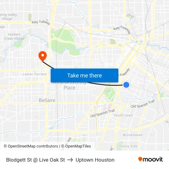 Blodgett St @ Live Oak St to Uptown Houston map