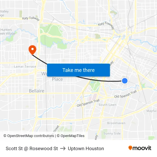 Scott St @ Rosewood St to Uptown Houston map