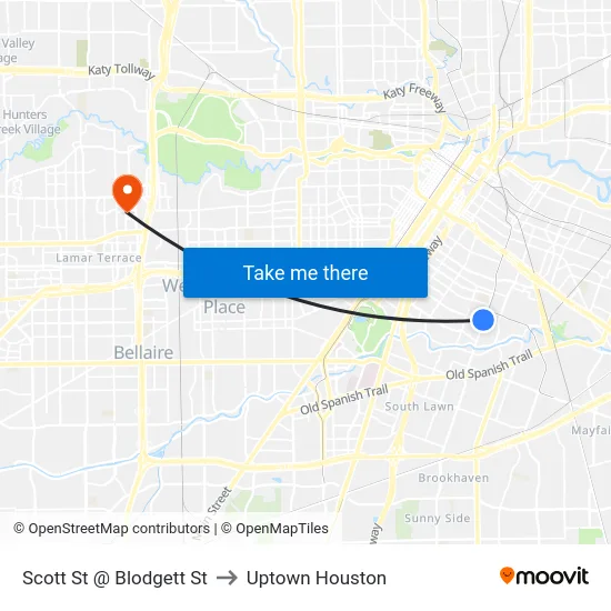 Scott St @ Blodgett St to Uptown Houston map