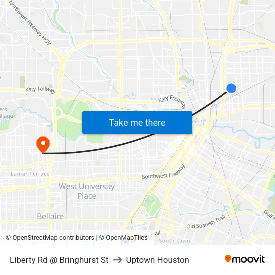 Liberty Rd @ Bringhurst St to Uptown Houston map