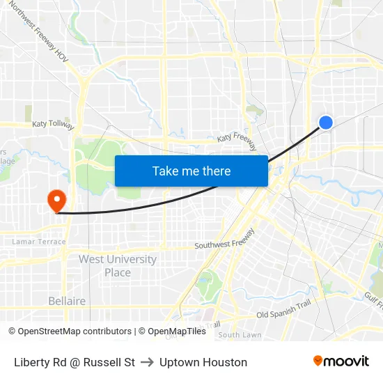 Liberty Rd @ Russell St to Uptown Houston map