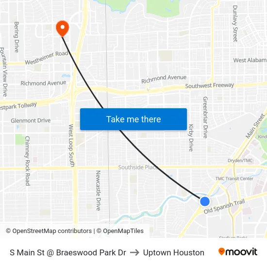 S Main St @ Braeswood Park Dr to Uptown Houston map