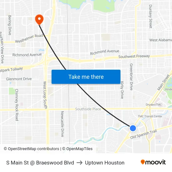 S Main St @ Braeswood Blvd to Uptown Houston map