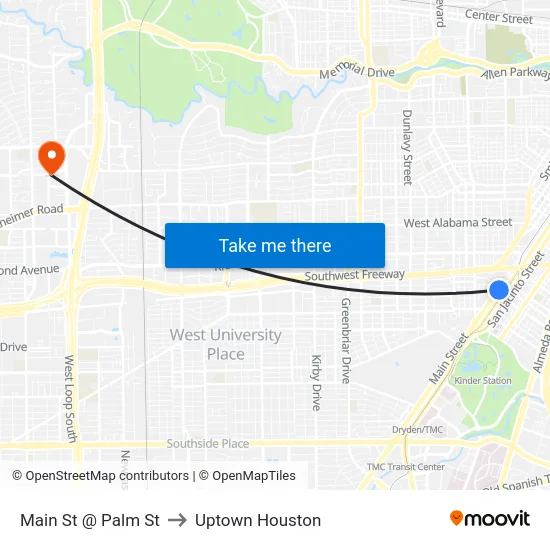 Main St @ Palm St to Uptown Houston map