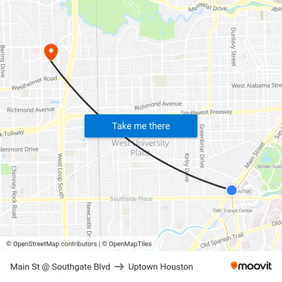 Main St @ Southgate Blvd to Uptown Houston map