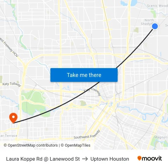 Laura Koppe Rd @ Lanewood St to Uptown Houston map