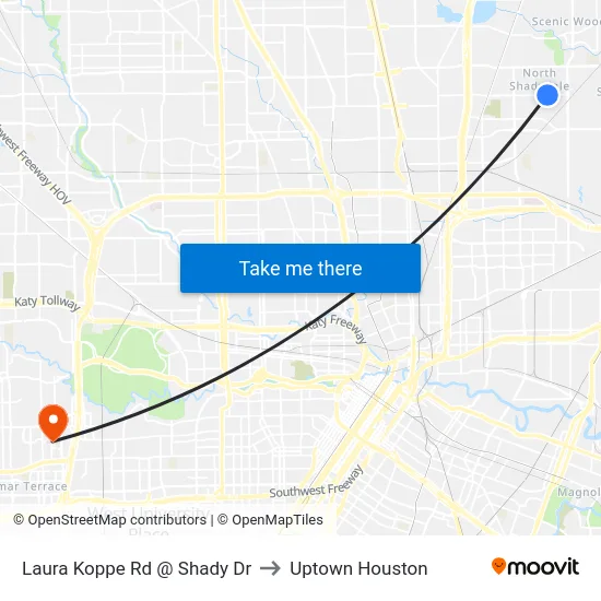 Laura Koppe Rd @ Shady Dr to Uptown Houston map