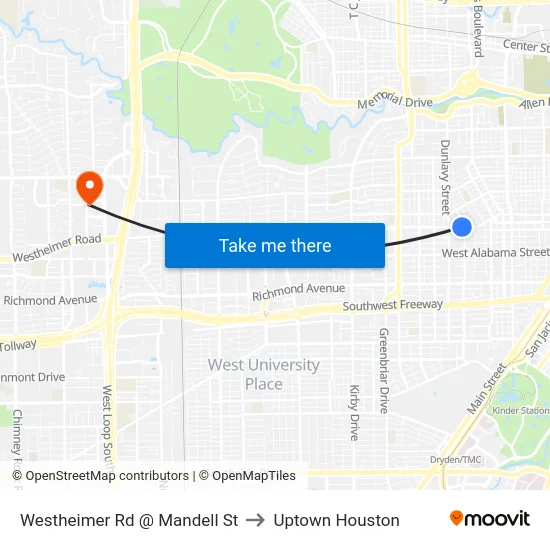 Westheimer Rd @ Mandell St to Uptown Houston map