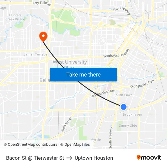 Bacon St @ Tierwester St to Uptown Houston map