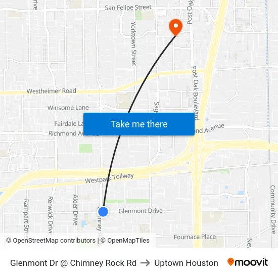 Glenmont Dr @ Chimney Rock Rd to Uptown Houston map