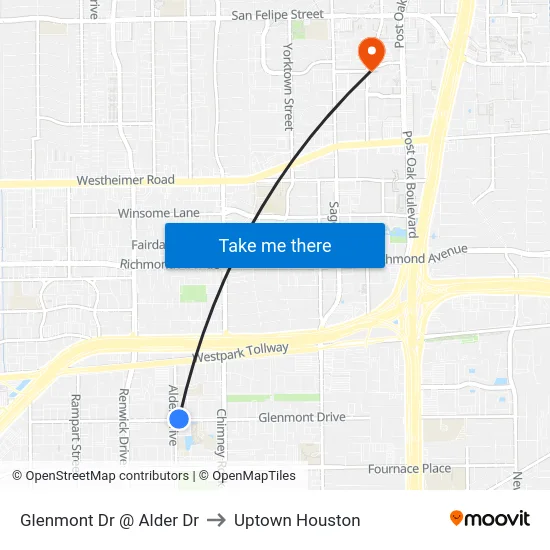 Glenmont Dr @ Alder Dr to Uptown Houston map